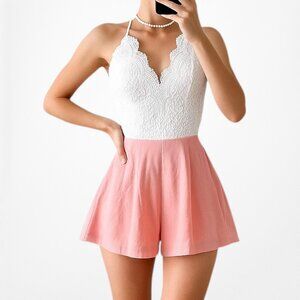 Vintage Y2K White Pink Floral Lace V-Neck Sleeveless Romper Dress Size M